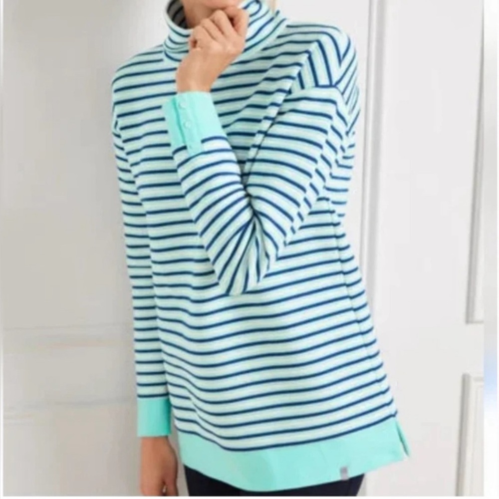 NWT Talbots Striped Funnel Neck Mint Green Navy Pullover Petite Medium New
